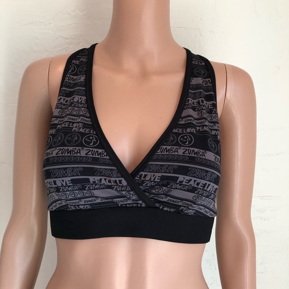 Zumba WearDance Women’s Size M Black/Gray Monogram Logo Activewear Sport Bra